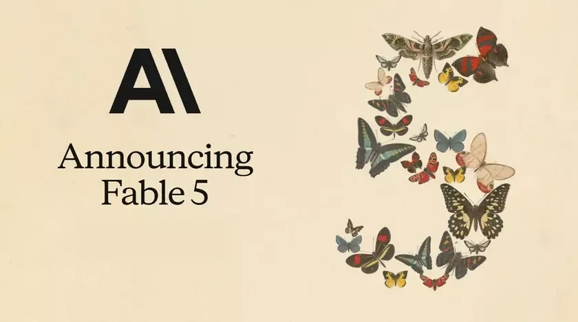 Affiche d'Anthropic « Announcing Fable 5 », le chiffre 5 composé de papillons